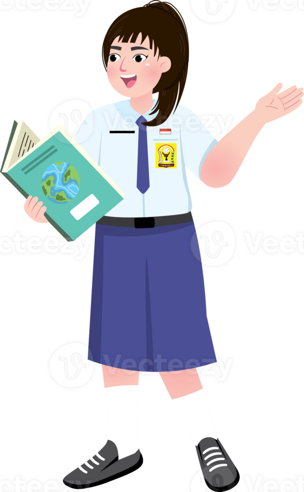 Junior High School Girl Holding Book and Explaining with Confident Expression png