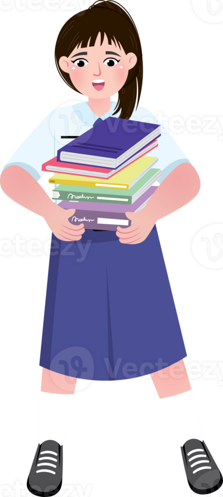 Junior High School Girl Carrying a Stack of Books in School Uniform png