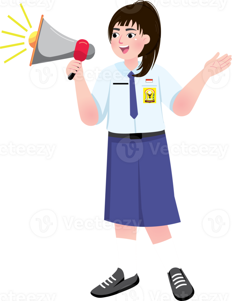 Junior High School Girl Announcing with Megaphone in Uniform png