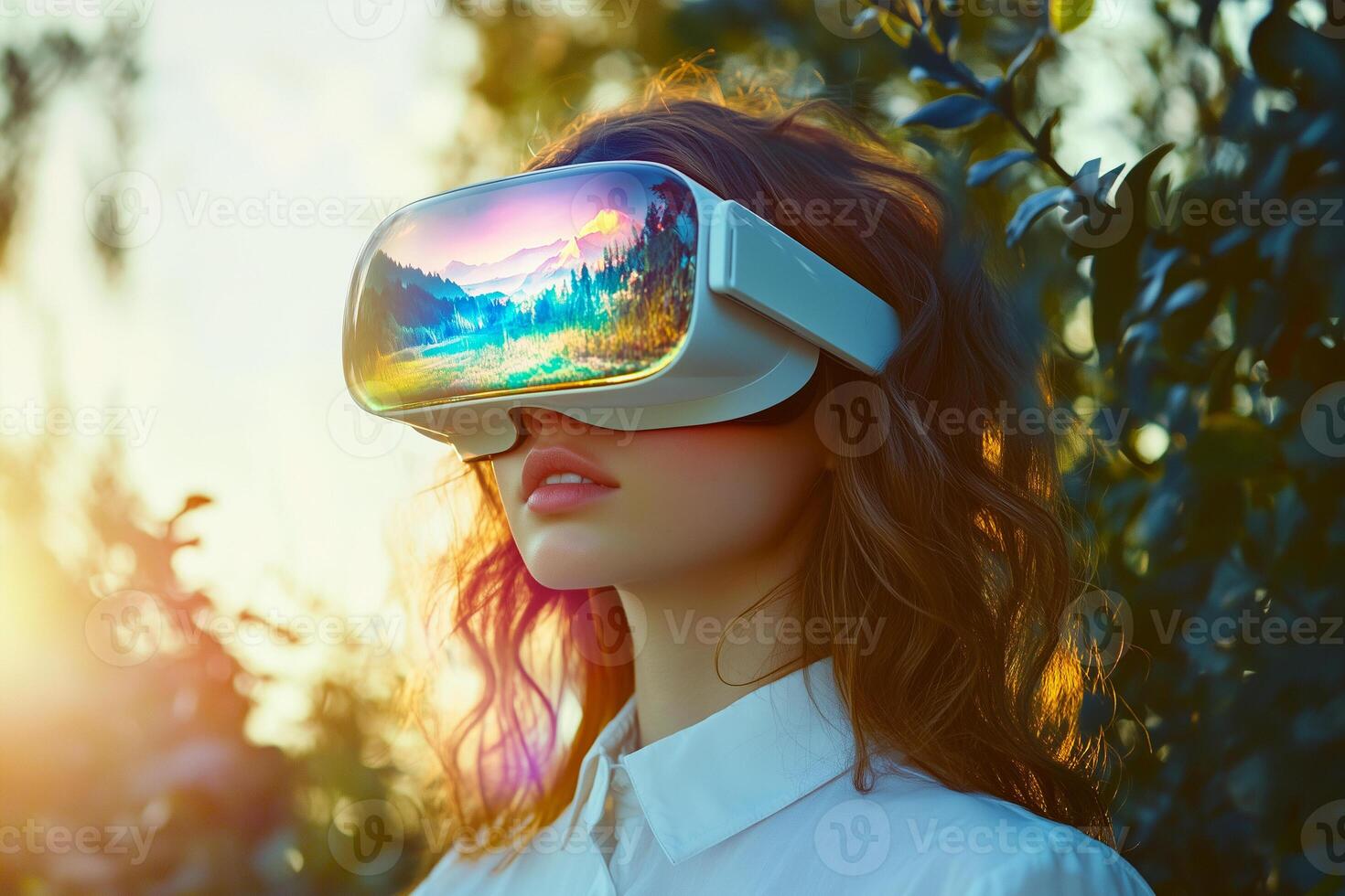 A young woman with virtual reality goggles in the park. Future technology concept. photo