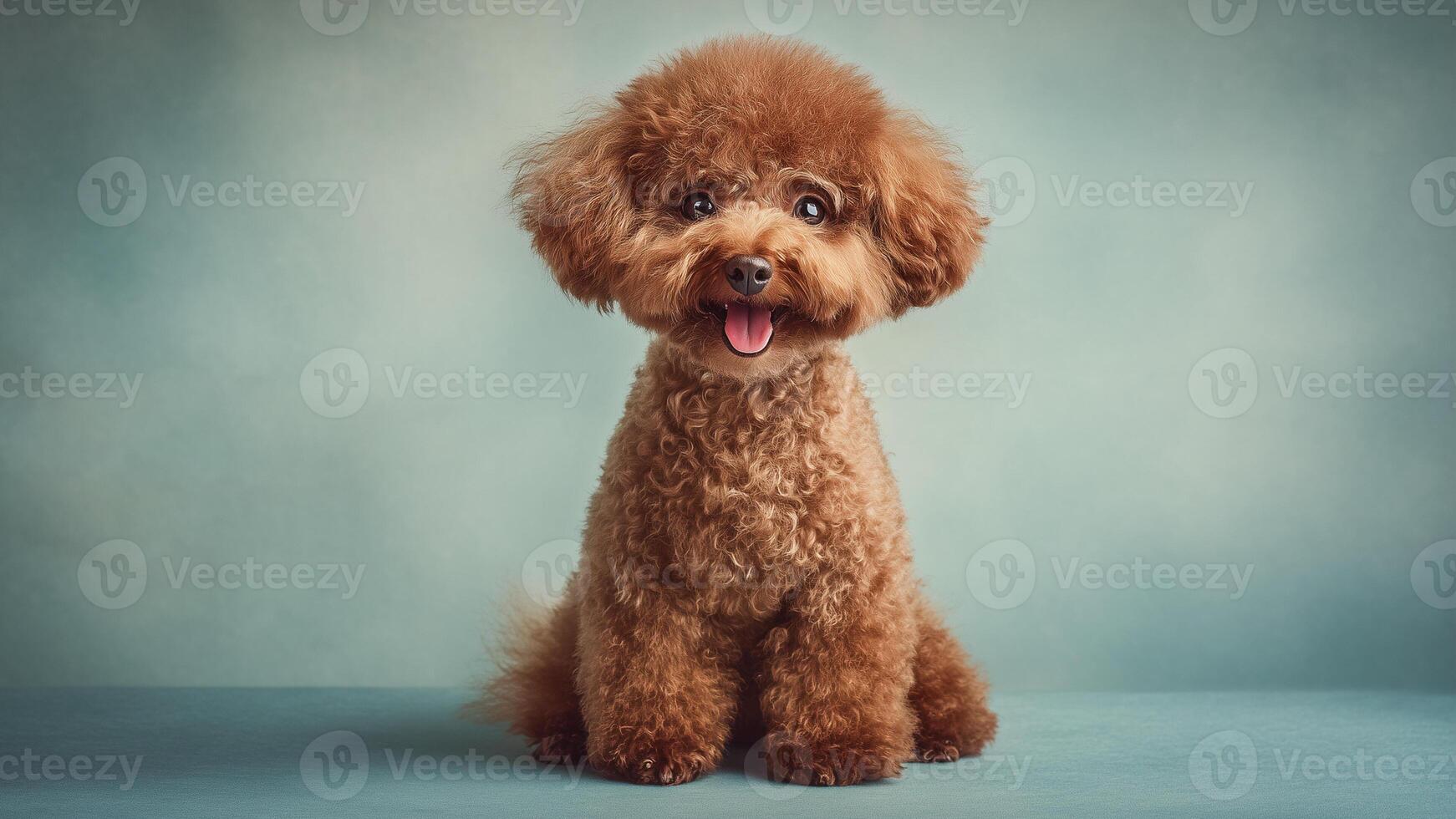 a brown poodle sitting on a blue background photo