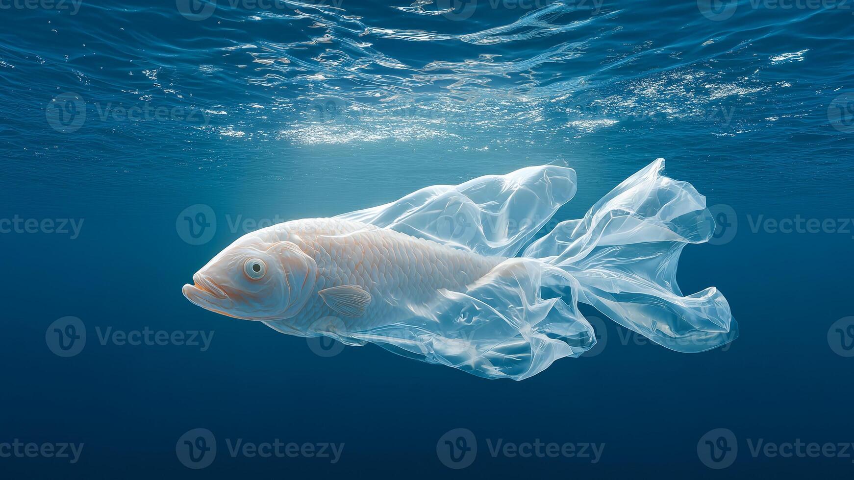 A fish stuck in a plastic bag. Plastic waste pollution. Concept of environmental pollution, ocean pollution photo