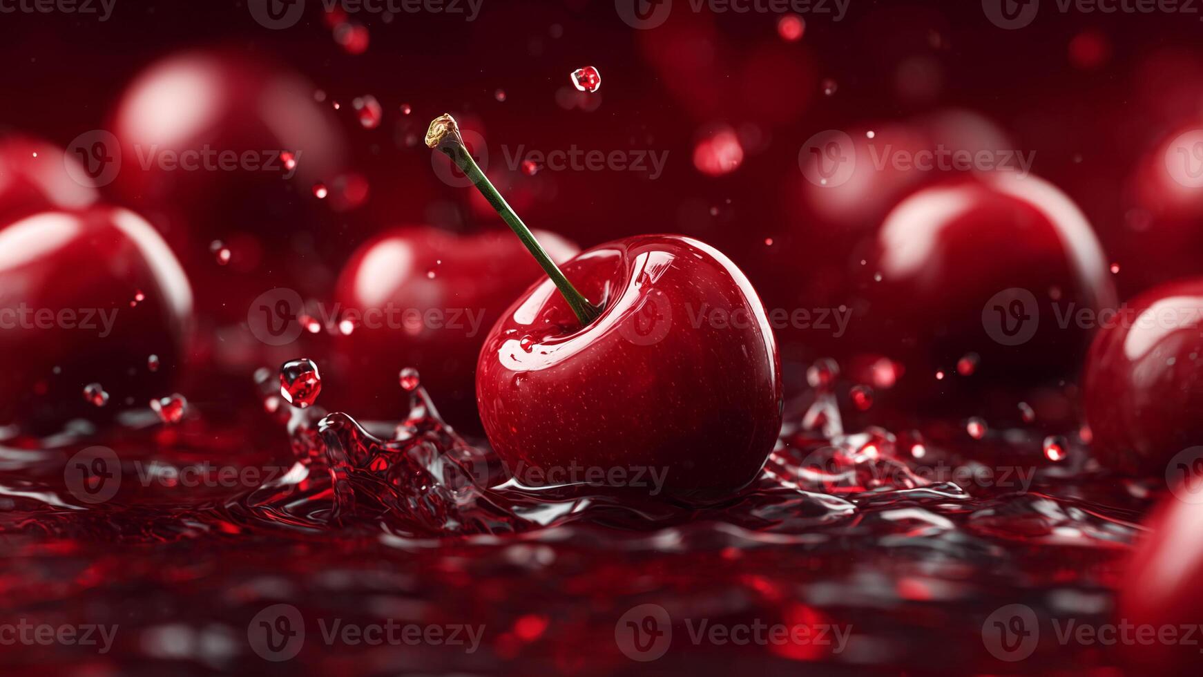 Red cherries in water. Close up view of fresh, juicy cherries covered in water photo
