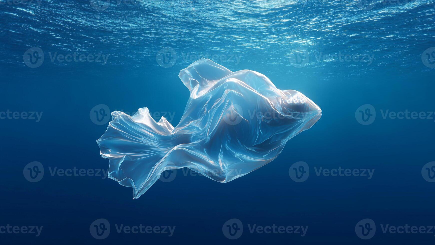 A plastic bag in the ocean that resembles a fish. Plastic waste pollution. Concept of environmental pollution photo