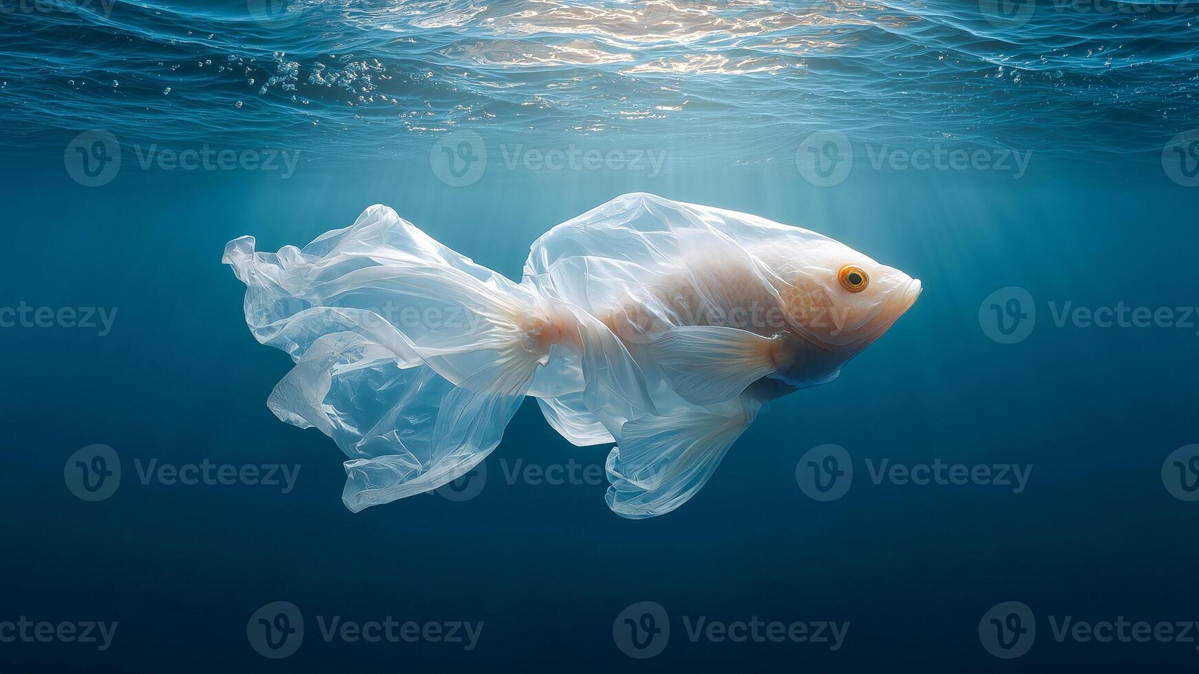 A fish stuck in a plastic bag. Plastic waste pollution. Concept of environmental pollution. Sea pollution photo
