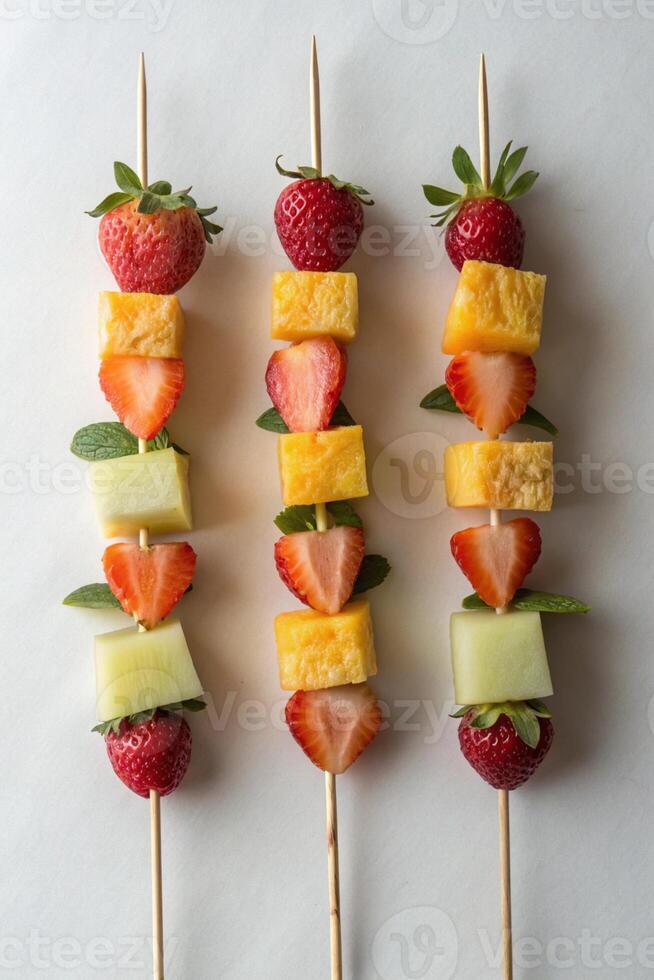 Three Colorful Fruit Skewers with Strawberries, Pineapple, and Cantaloupe photo