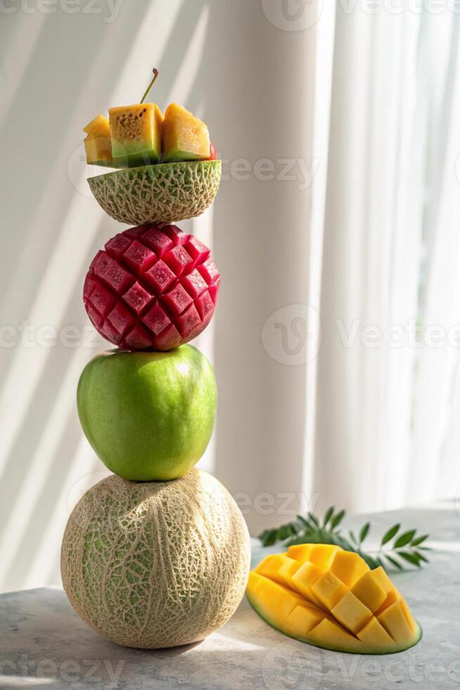 Stacked Fruit Art Displaying Mango, Cantaloupe, Apple, and Kiwi photo
