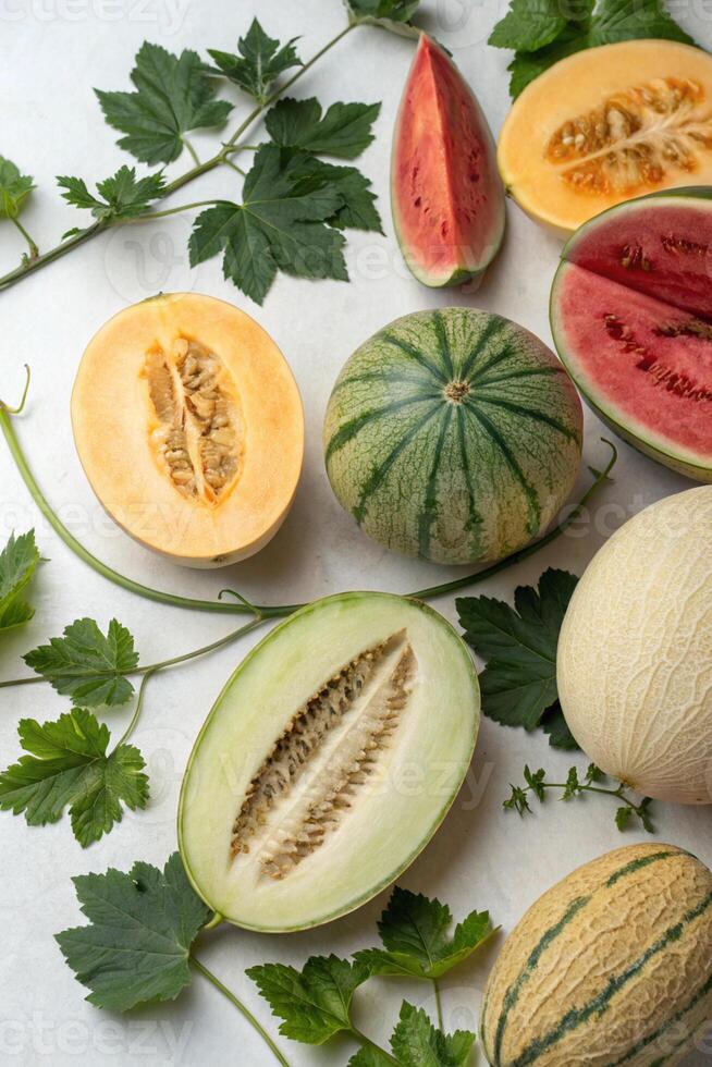 Assorted Melon and Watermelon Slices with Leaves photo