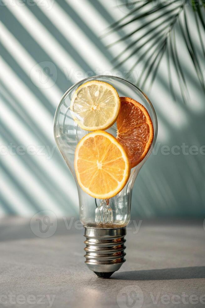 Bright Citrus Idea, Lemon, Orange, and Lime Slices Inside a Light Bulb photo