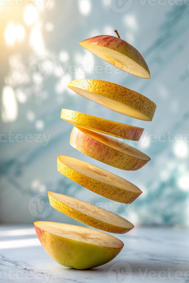 Levitating Apple and Pear Slices, A vibrant, healthy food image showcasing thinly sliced fruit in mid-air against a blurred background. photo