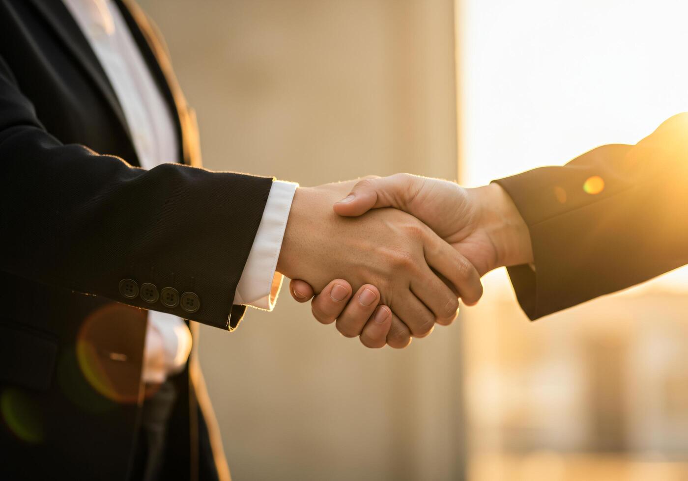 business people shaking hands in front of a building photo