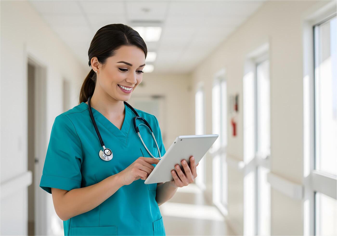 a female nurse in scrubs holding a tablet photo
