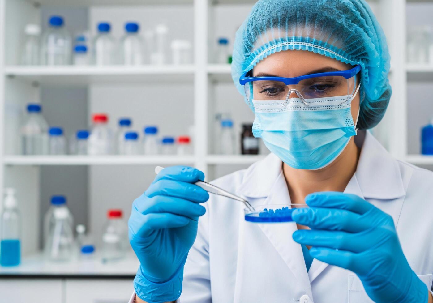 female scientist in lab coat and blue gloves holding a test tube photo