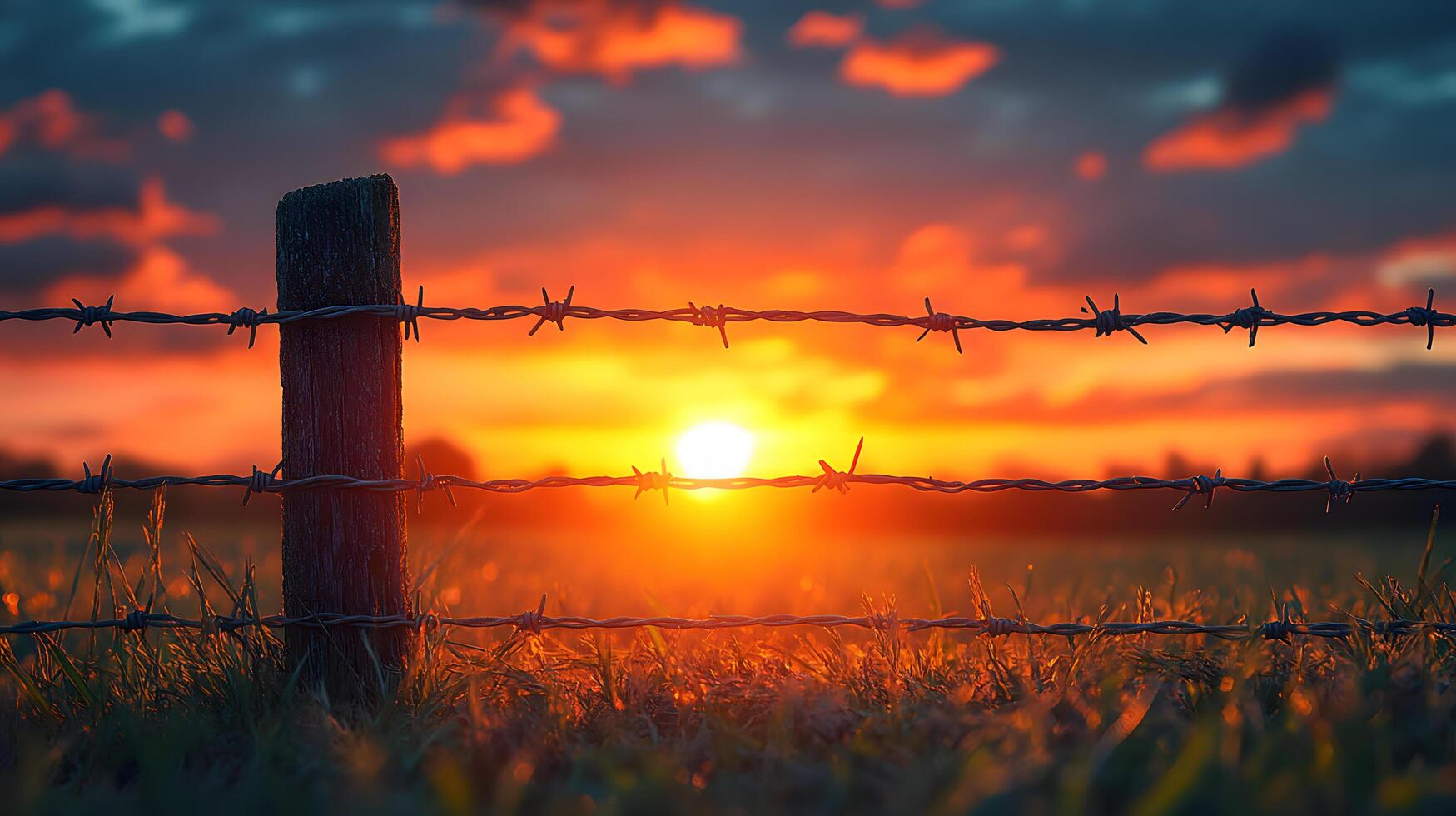 A barbed wire fence in the middle of a field at sunset photo