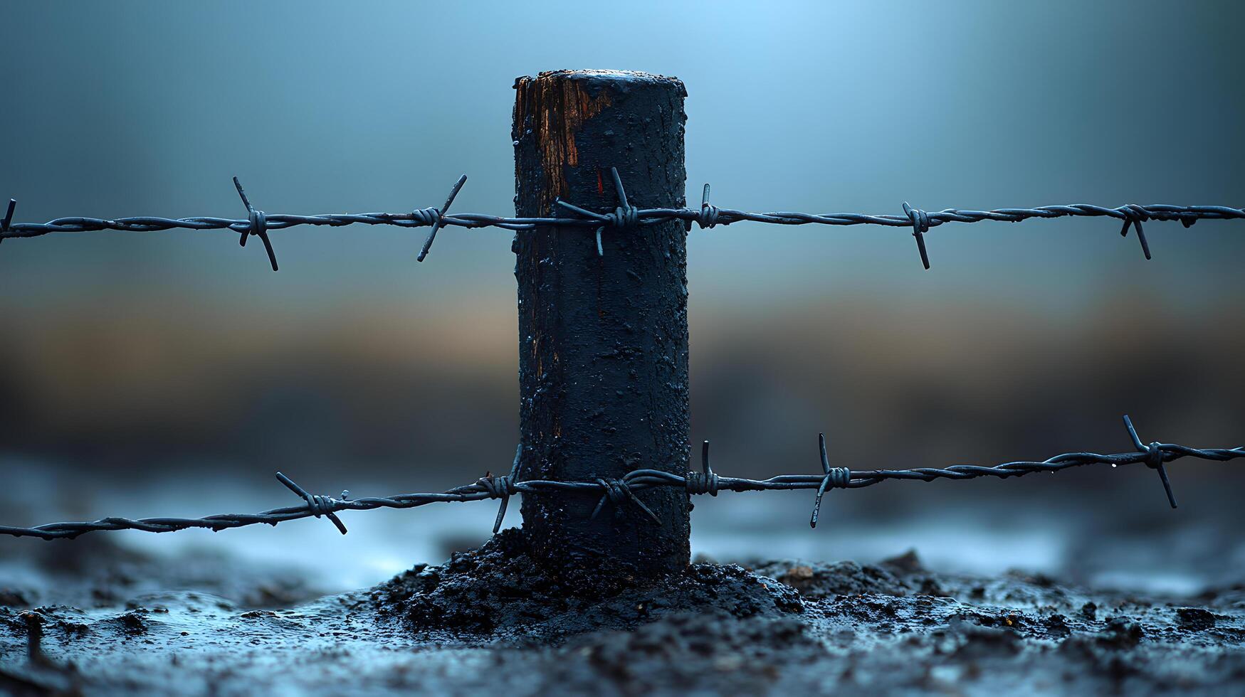 A barbed wire fence in the fog photo