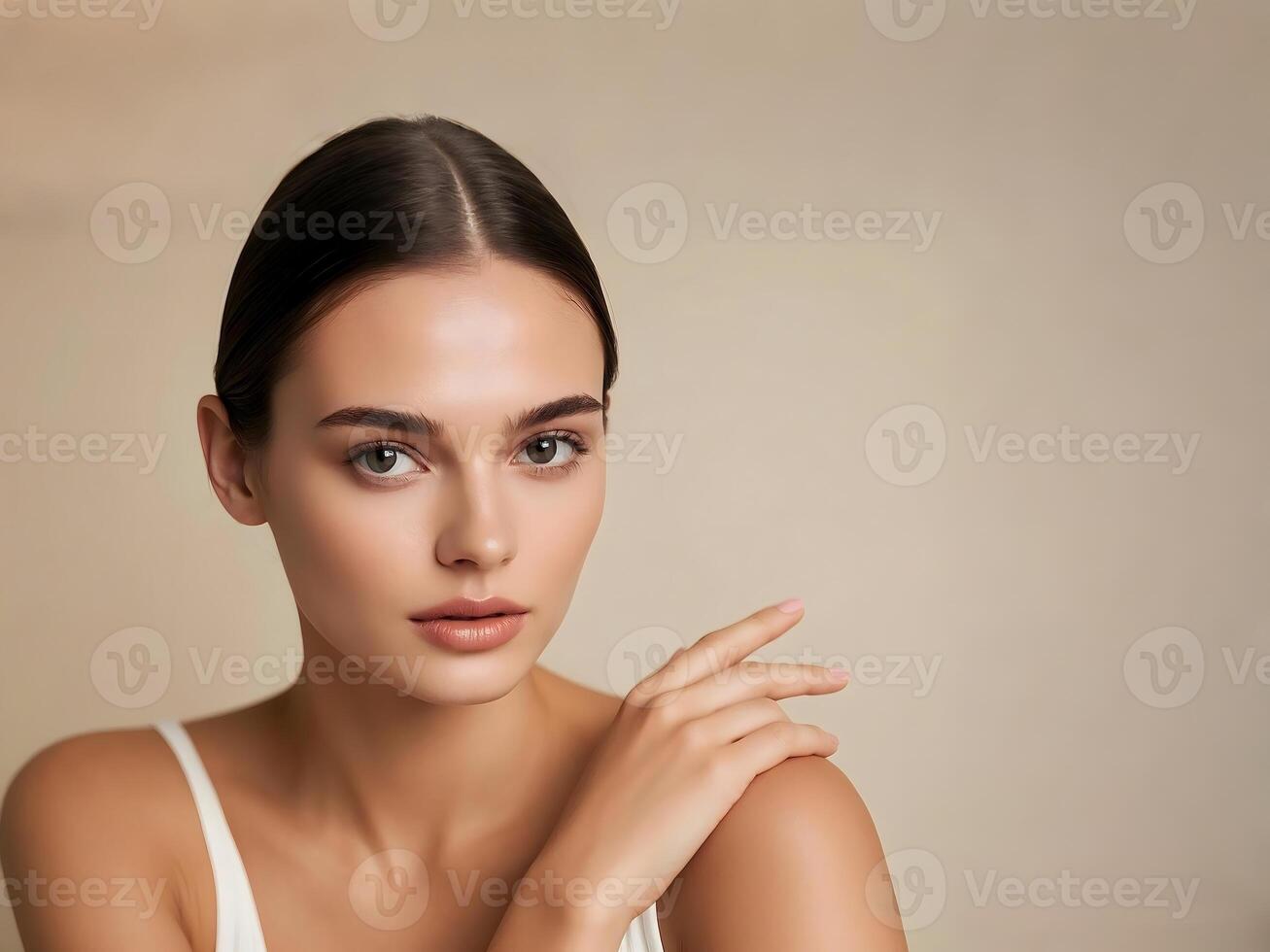Beautiful woman with clean skin and a white top photo