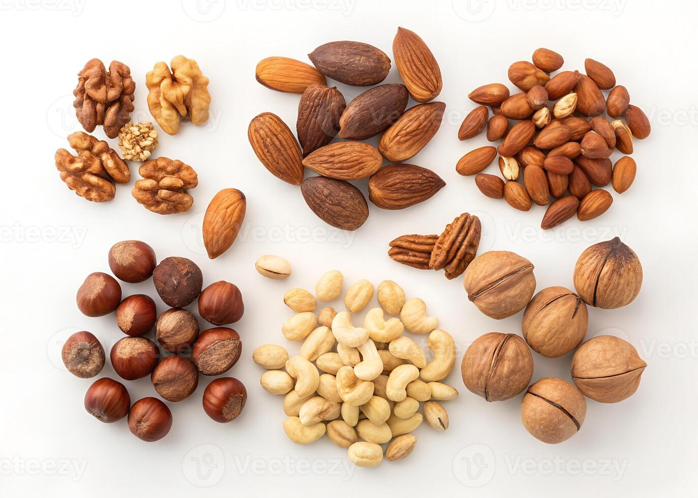 Nuts Mix on White Background Variety of Whole and Shelled Edible Nuts photo