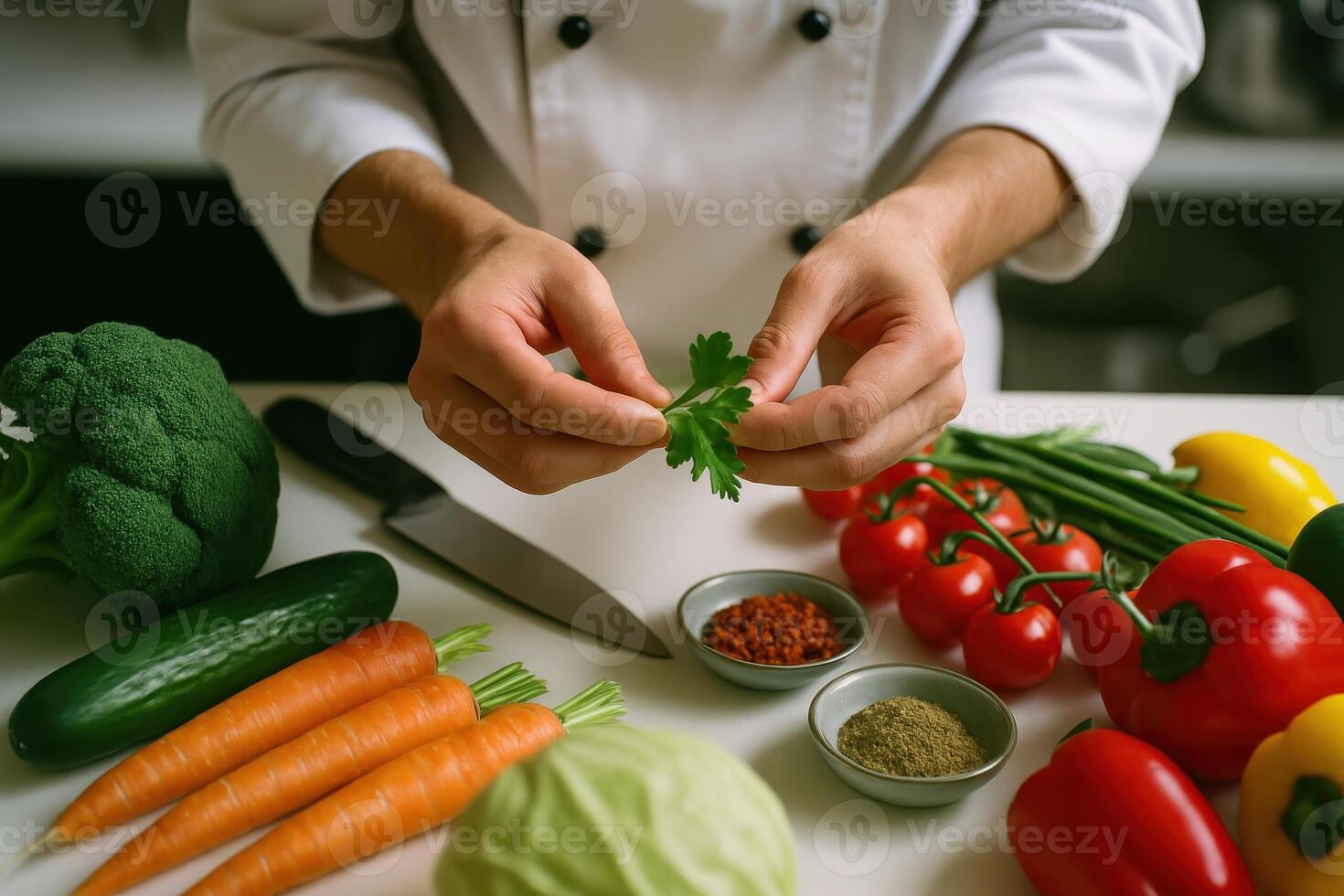 Professional chef hands preparing fresh herbs and vibrant vegetables for healthy cooking photo