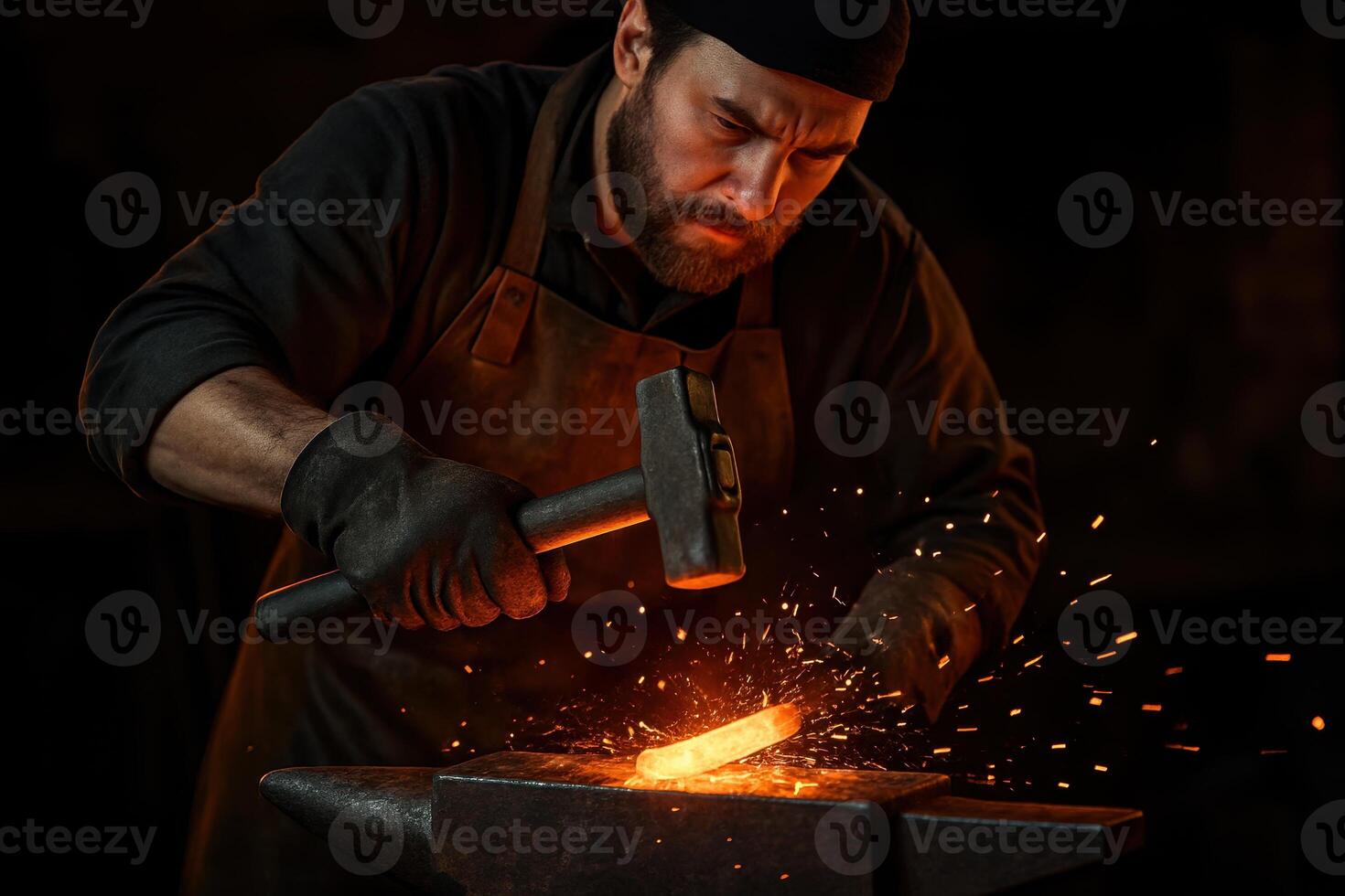 Skilled blacksmith hammering glowing hot metal on an anvil in a dark workshop photo