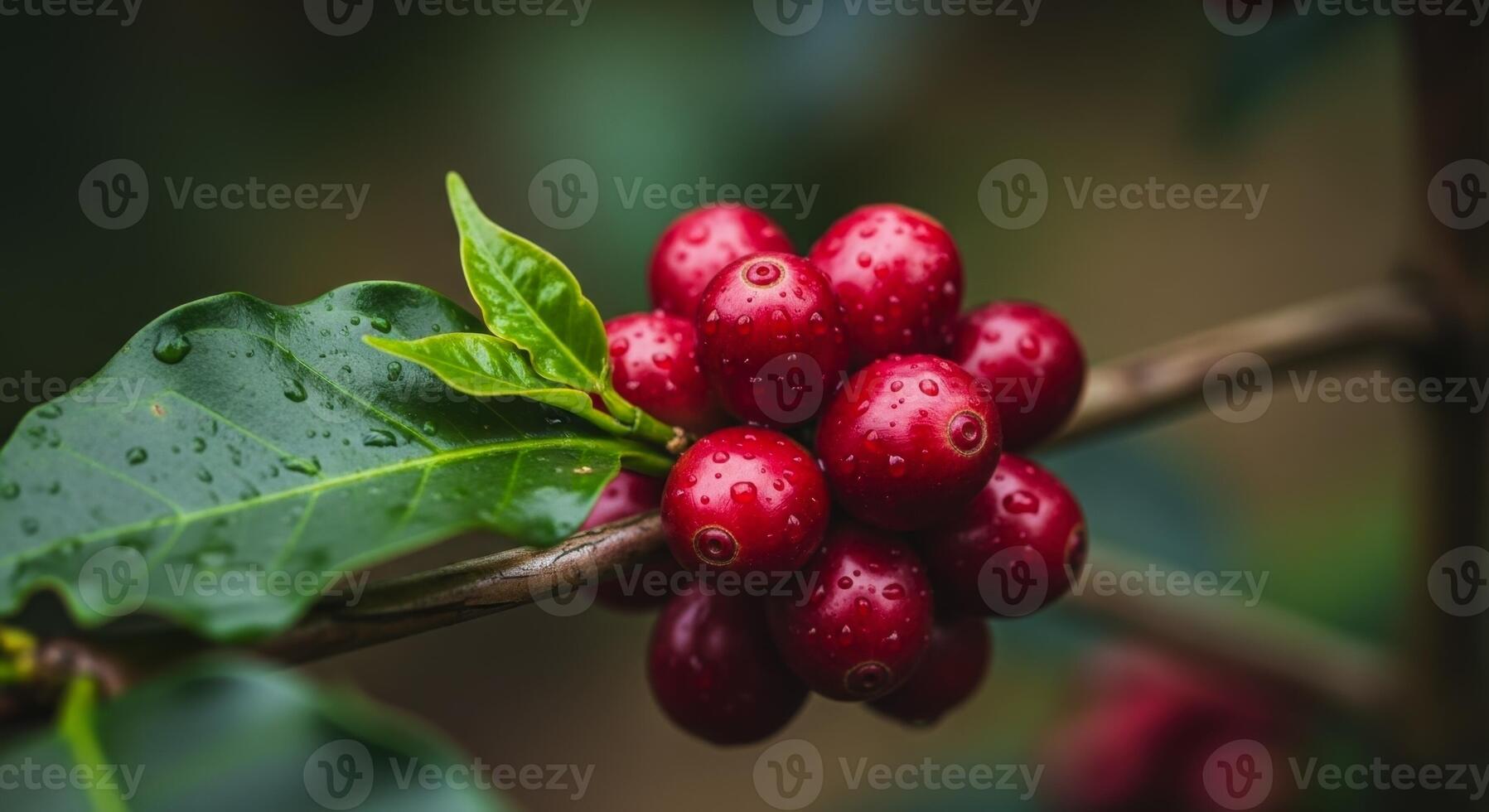 Ultra close up macro view of perfectly ripe glossy red coffee cherries on a branch with green leaves photo