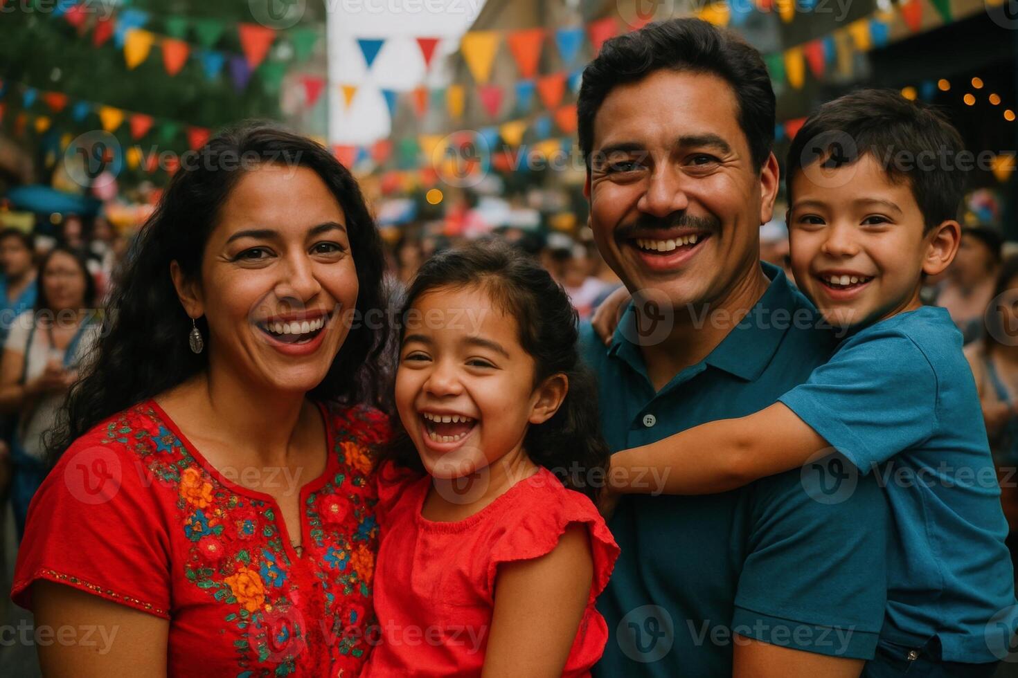 Joyful hispanic family portrait at a lively outdoor street festival photo