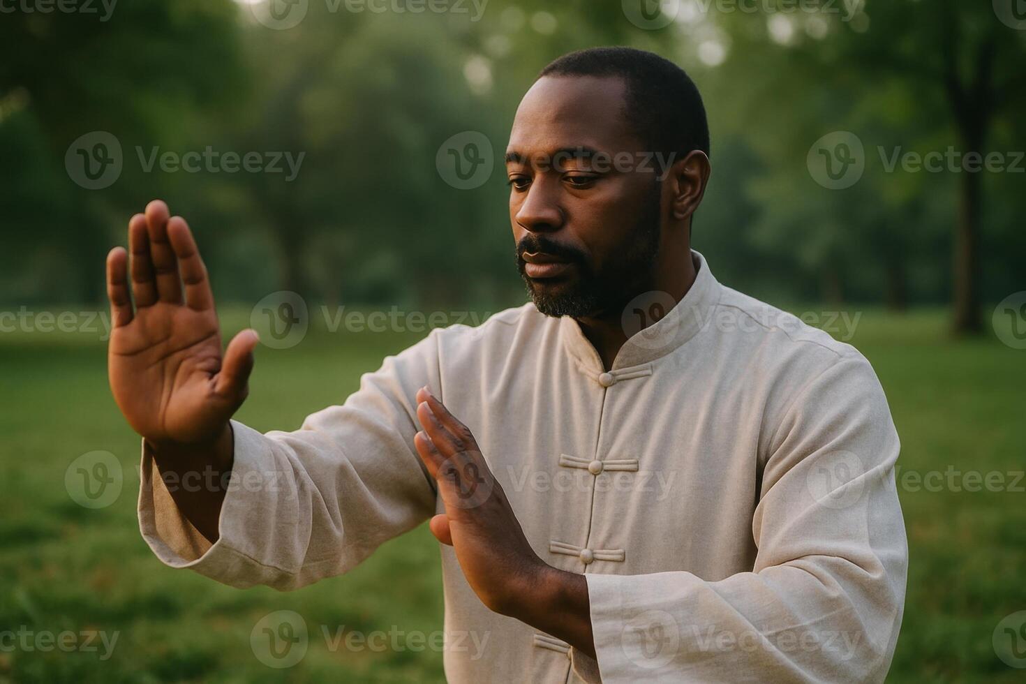 Focused black man practicing tai chi in a peaceful green park photo