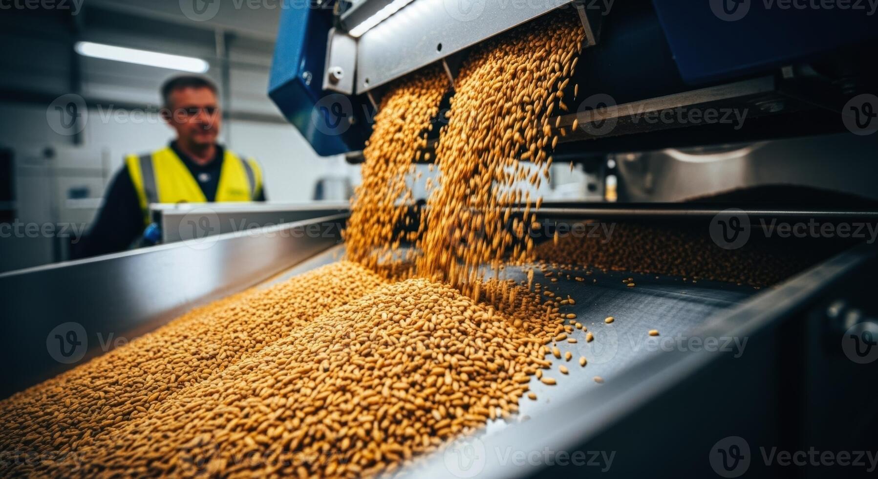 Automated grain sorting machine processing organic chicken feed in a modern factory photo