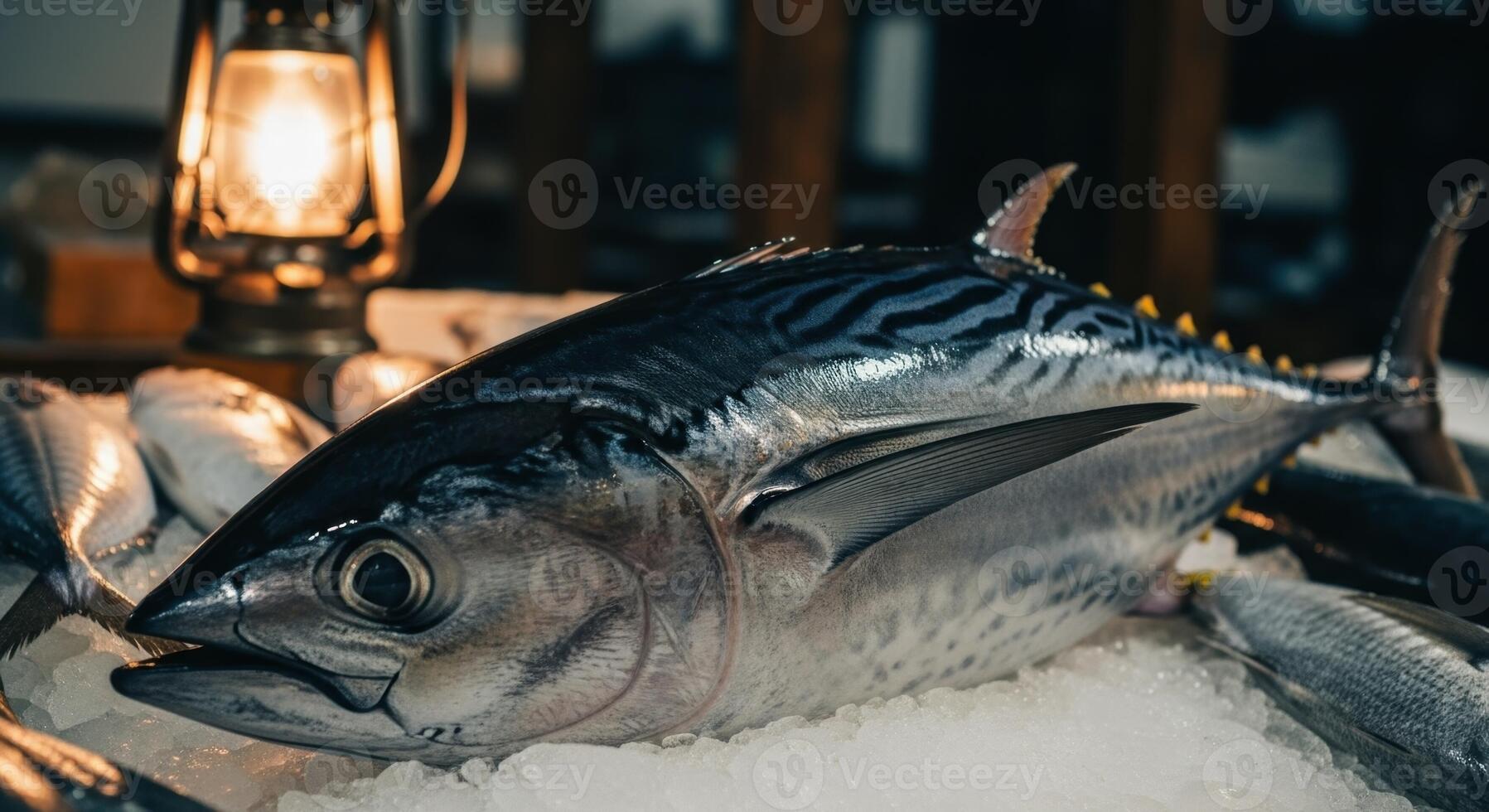 Close up of a freshly caught skipjack tuna displayed on crushed ice photo