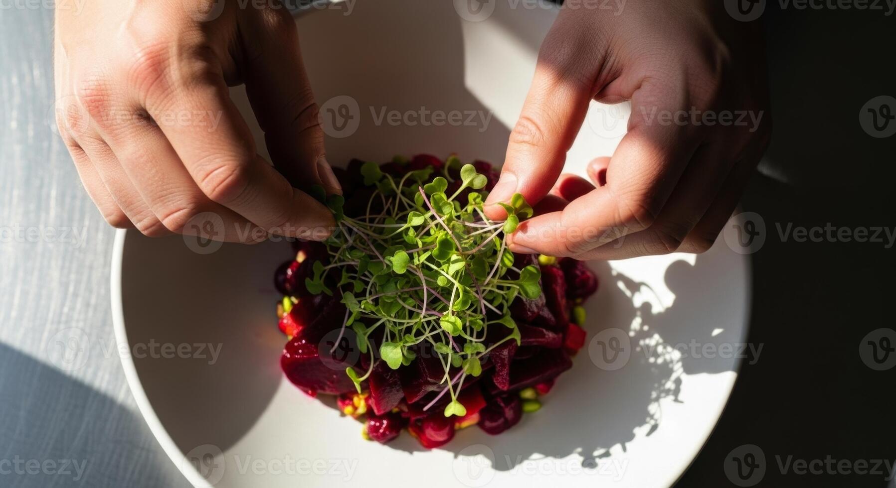 Chef hands garnishing vibrant beet salad with fresh microgreens in a white bowl photo