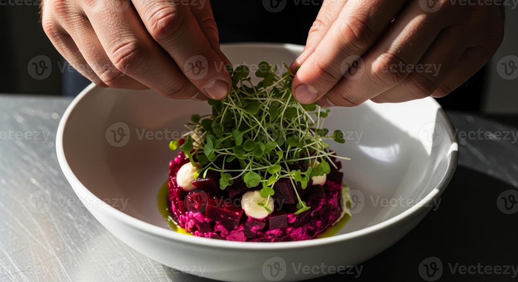 hands garnishing a vibrant beet salad with fresh microgreens in a white bowl photo