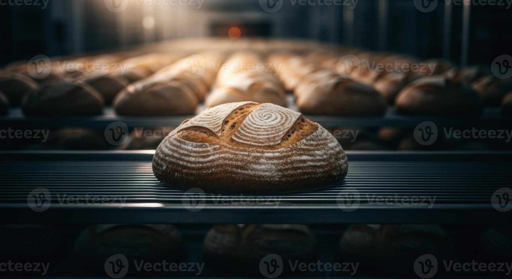 Freshly baked rustic sourdough loaf on a bakery rack with many loaves in the background photo