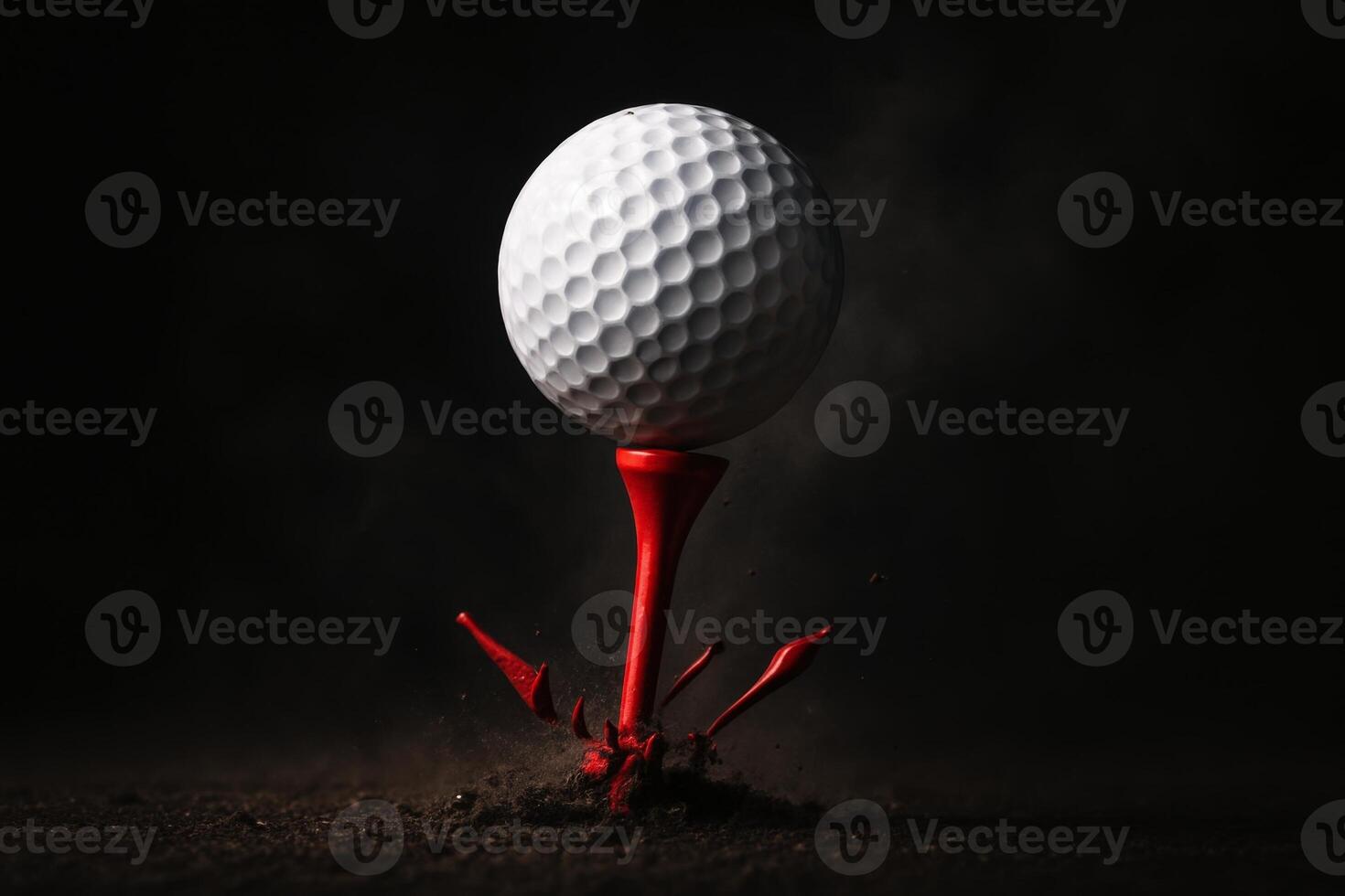 White golf ball on a shattered red tee at the moment of powerful impact photo