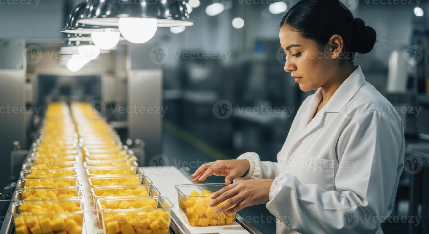 Young woman in lab coat inspecting packaged fruit on a conveyor belt in a modern food processing plant photo