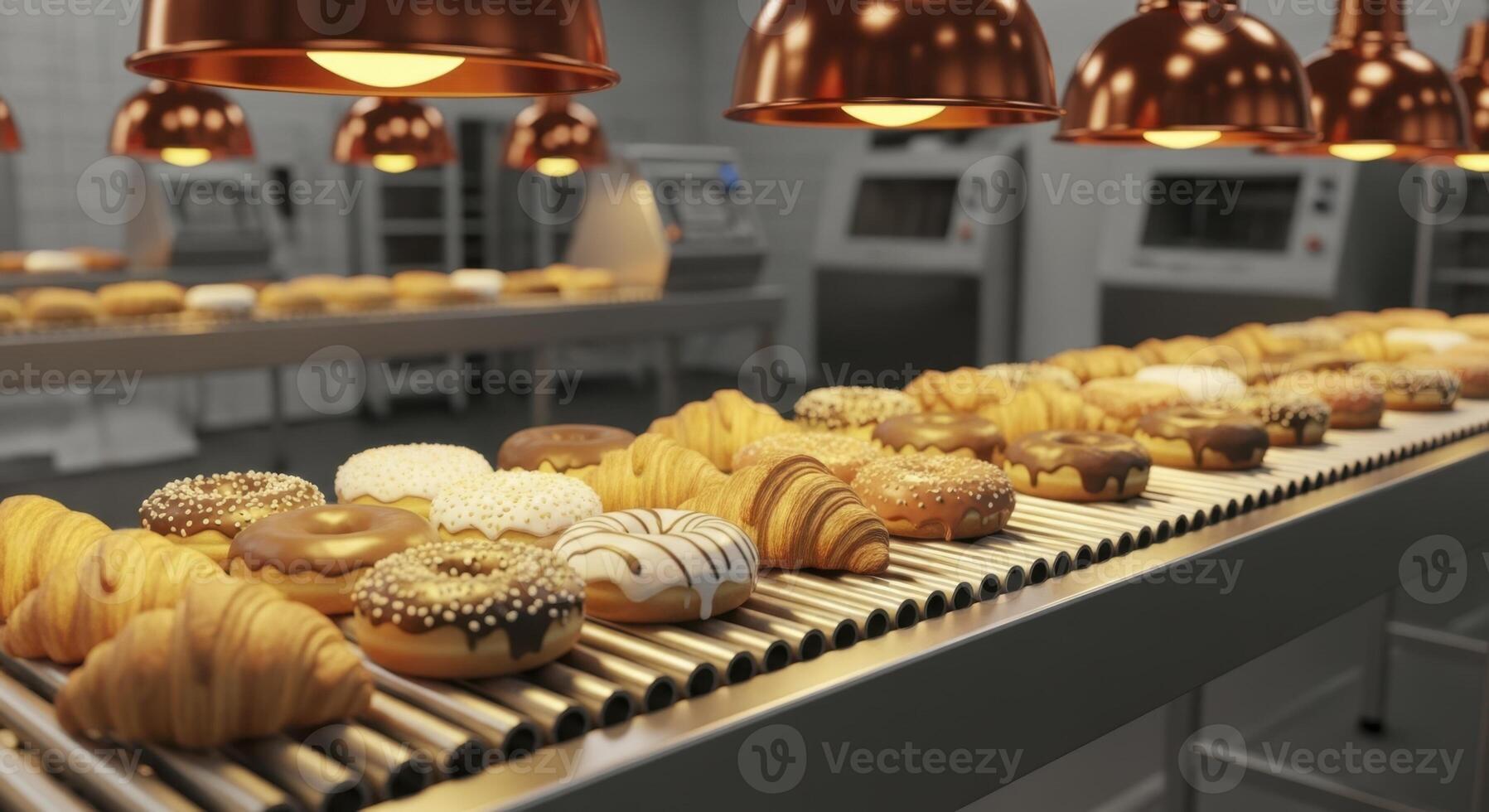 Freshly baked croissants and donuts on a conveyor belt in a modern bakery production line photo