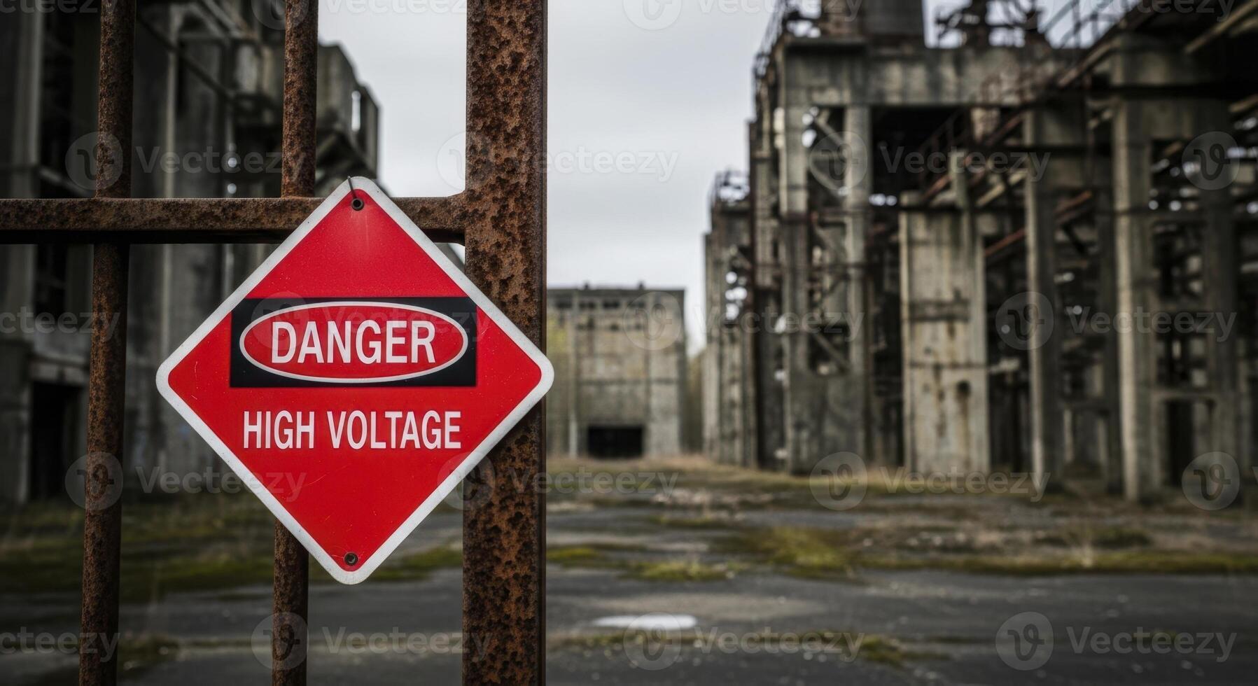 Bright red DANGER HIGH VOLTAGE warning sign on rusty fence at abandoned power station photo