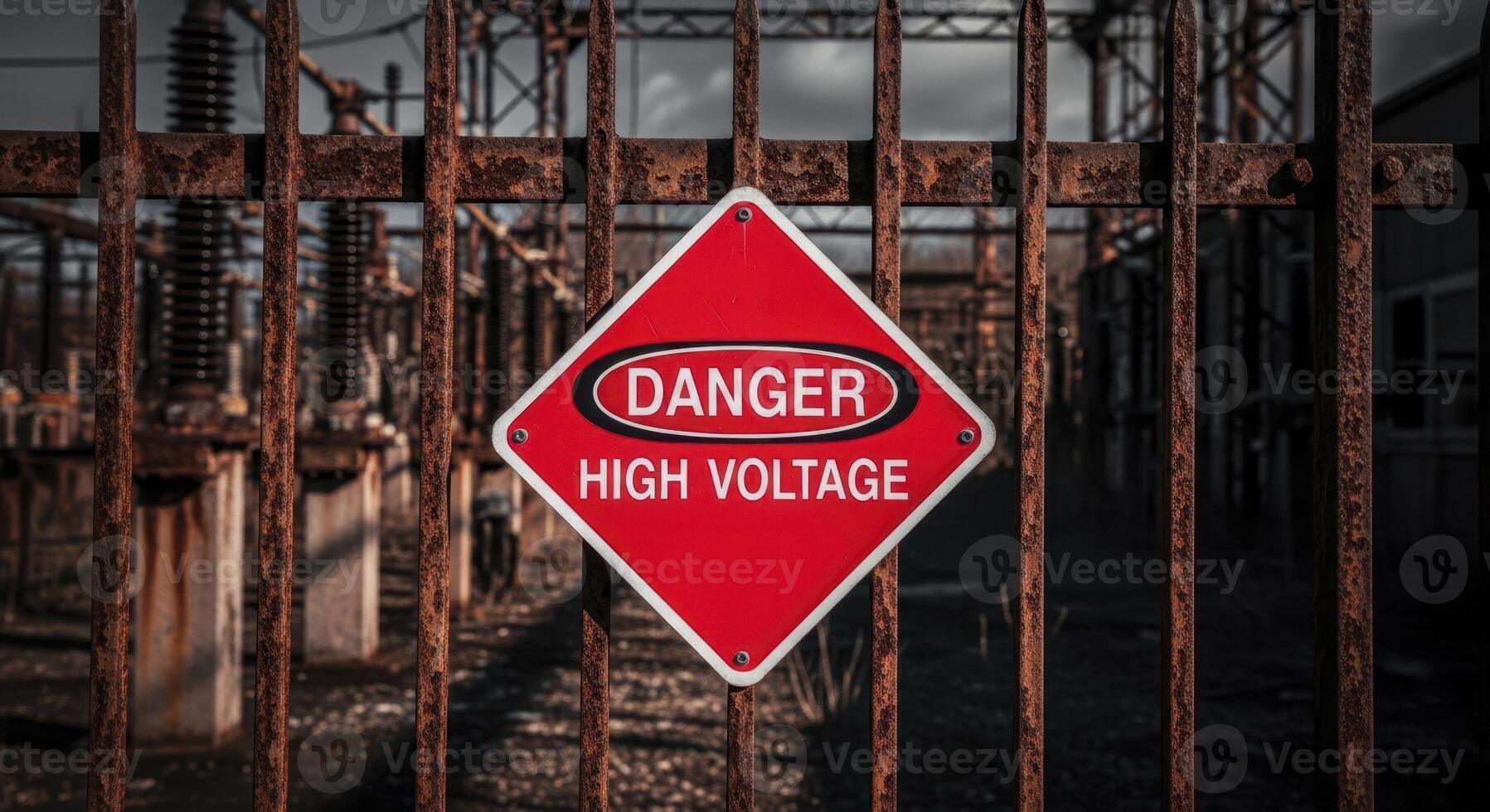 Bright red DANGER HIGH VOLTAGE warning sign on a rusty fence at an abandoned power station photo