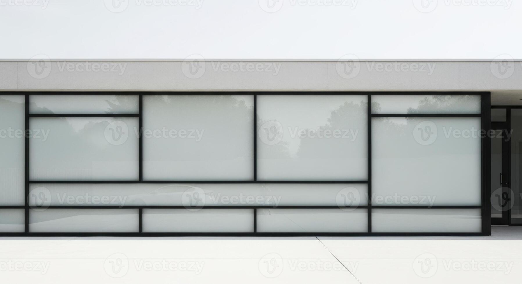 Modern minimalist building facade with frosted glass panels and sleek black frames photo