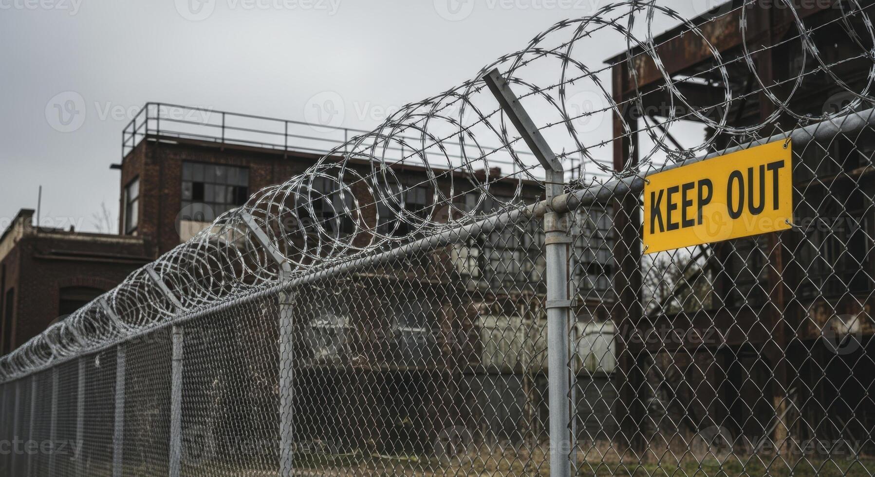 Chain link fence with razor wire and a yellow keep out sign guarding an abandoned industrial building photo