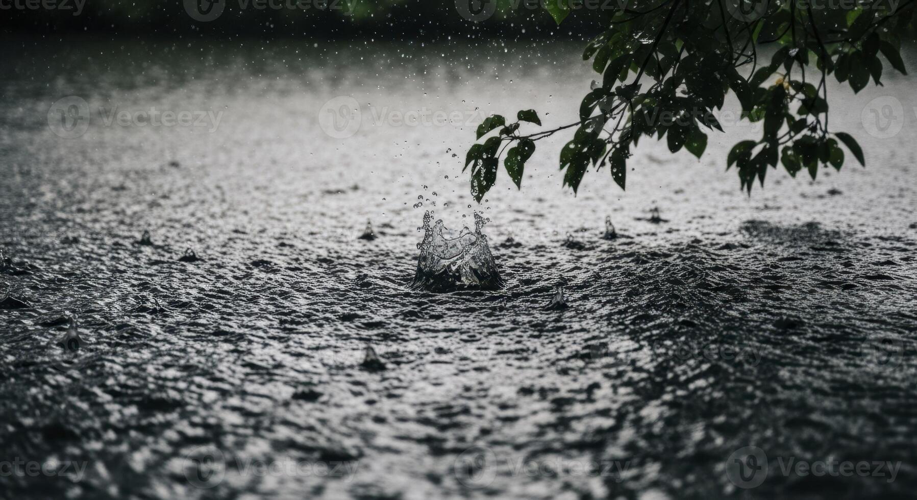 Heavy rain splashing on dark water surface with tree branch and leaves photo