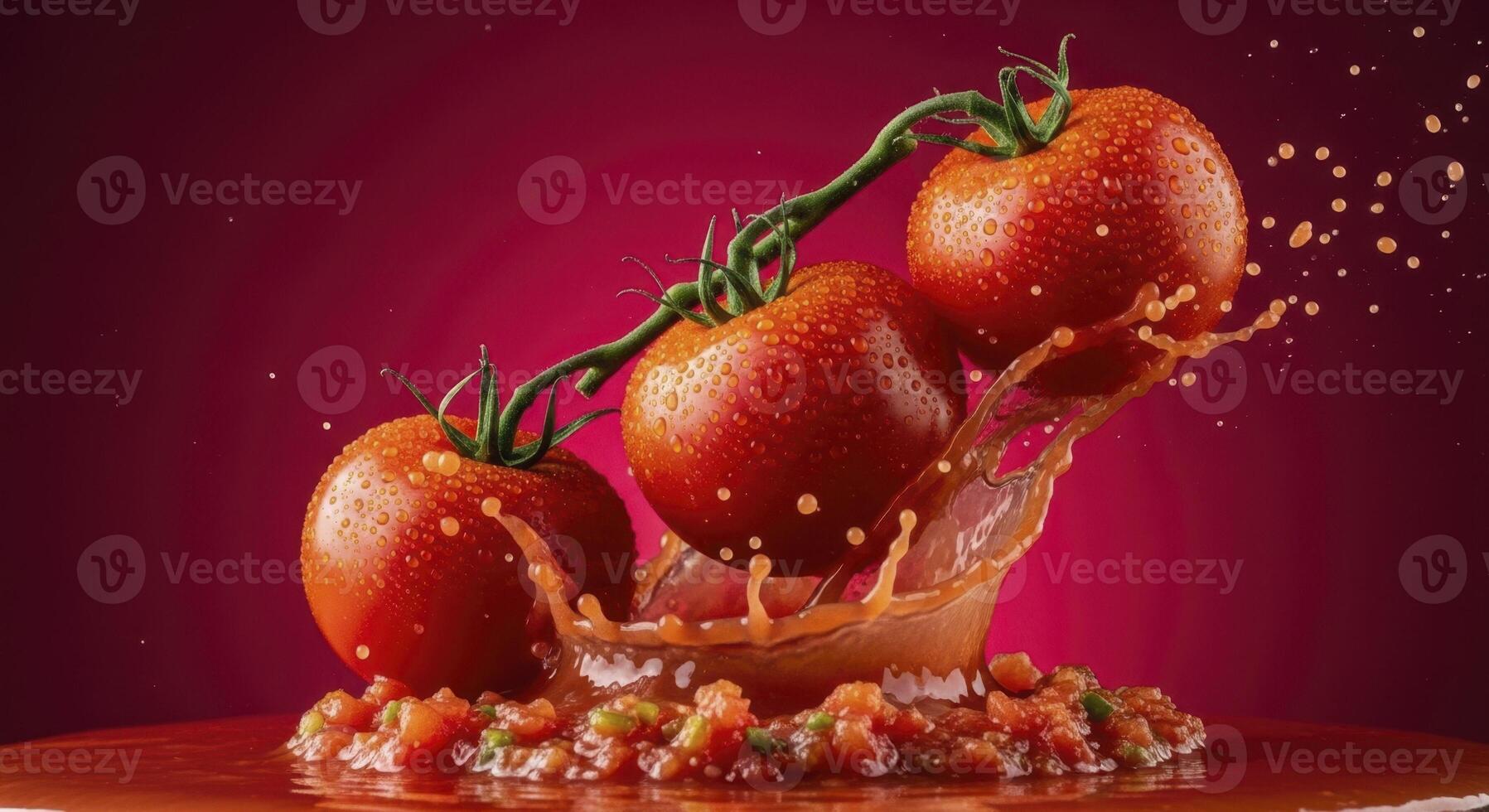 Fresh red tomatoes on vine splashing into chunky salsa with water droplets photo