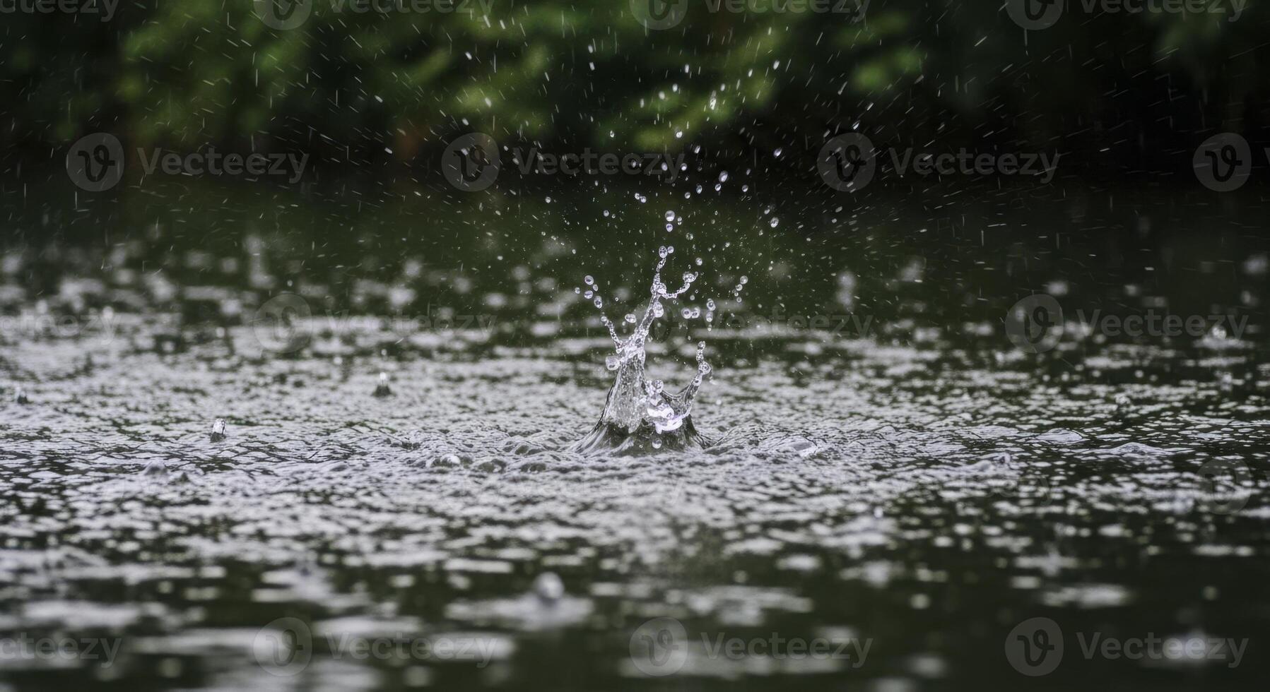 Close up of heavy rain splashing on dark water surface of a pond photo