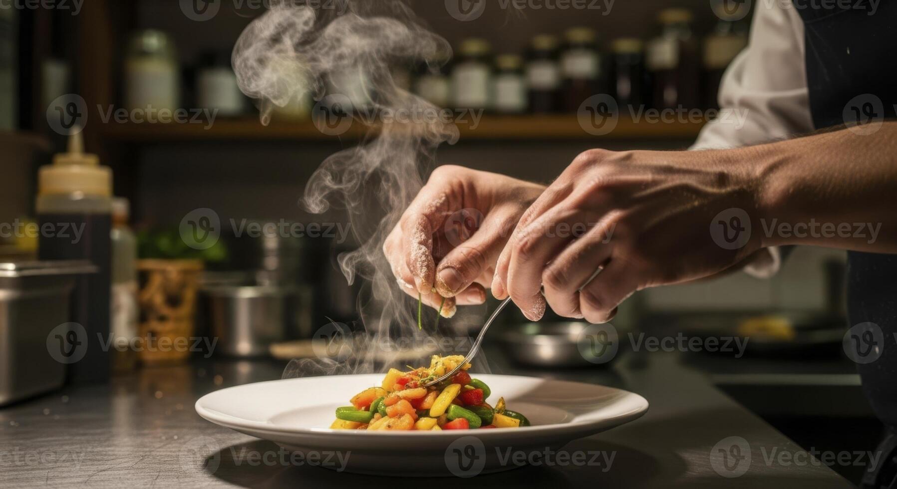 Chef hands plating steaming colorful sauteed vegetables in a dark kitchen photo