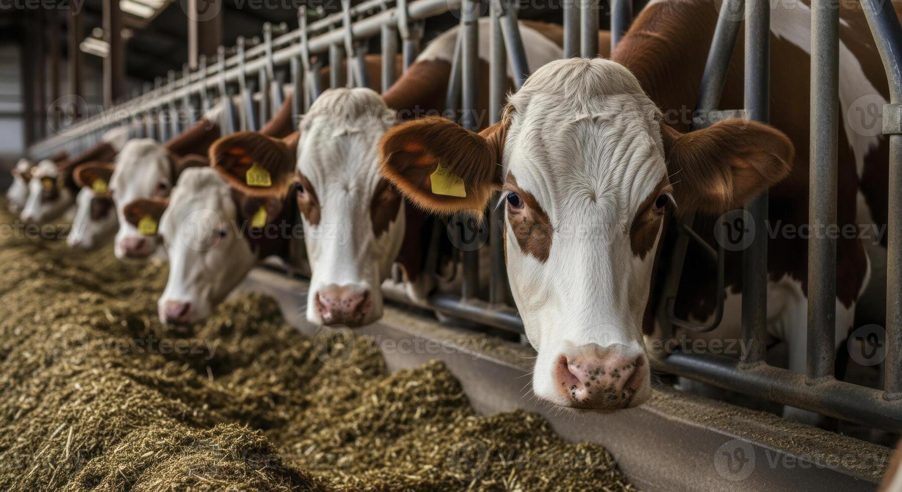 Dairy cows with brown and white markings feeding in a modern barn photo