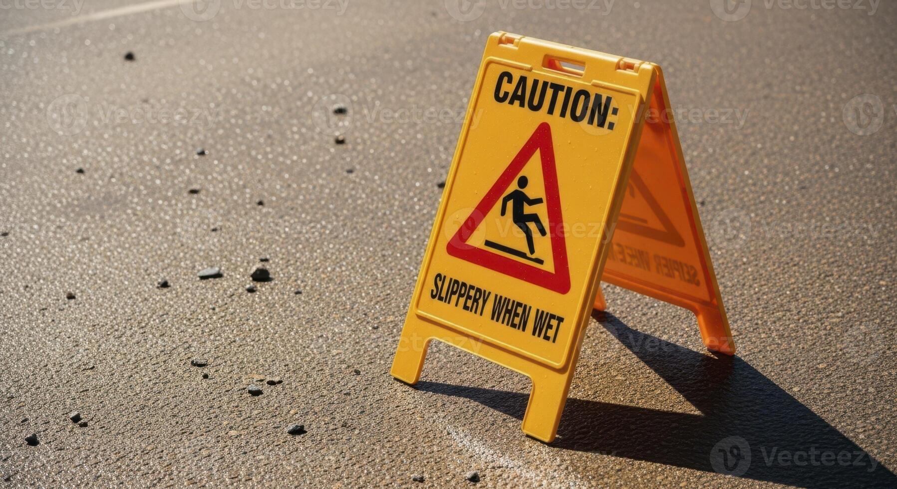 Bright yellow caution slippery when wet warning sign on damp pavement photo