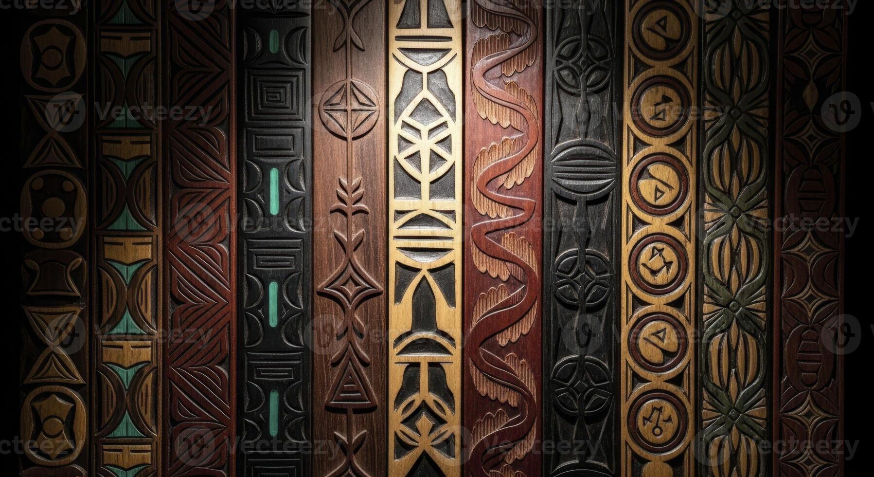 Collection of intricately carved wooden panels with diverse tribal patterns and textures photo