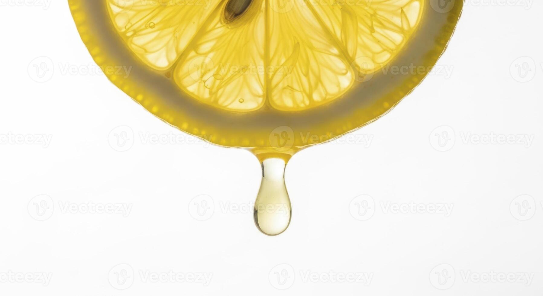 Close up of a fresh lemon slice with a single drop of juice dripping photo