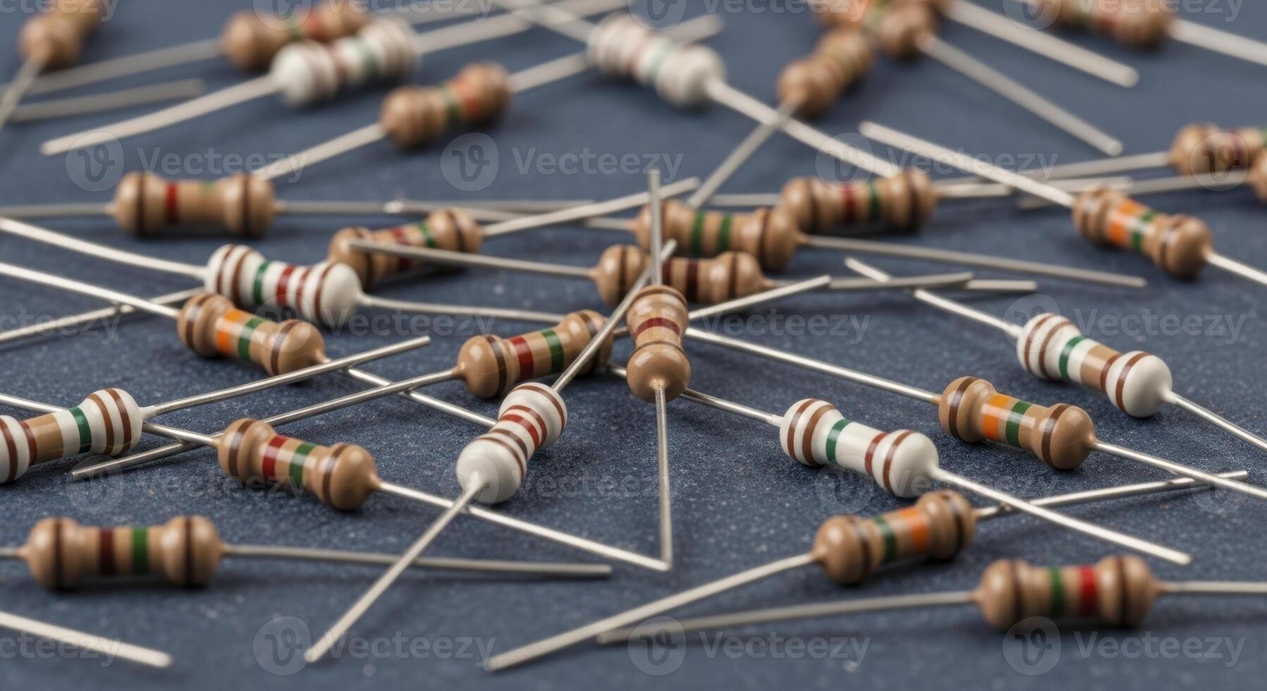 Close up of electronic resistors scattered on a dark blue surface for circuit board assembly photo