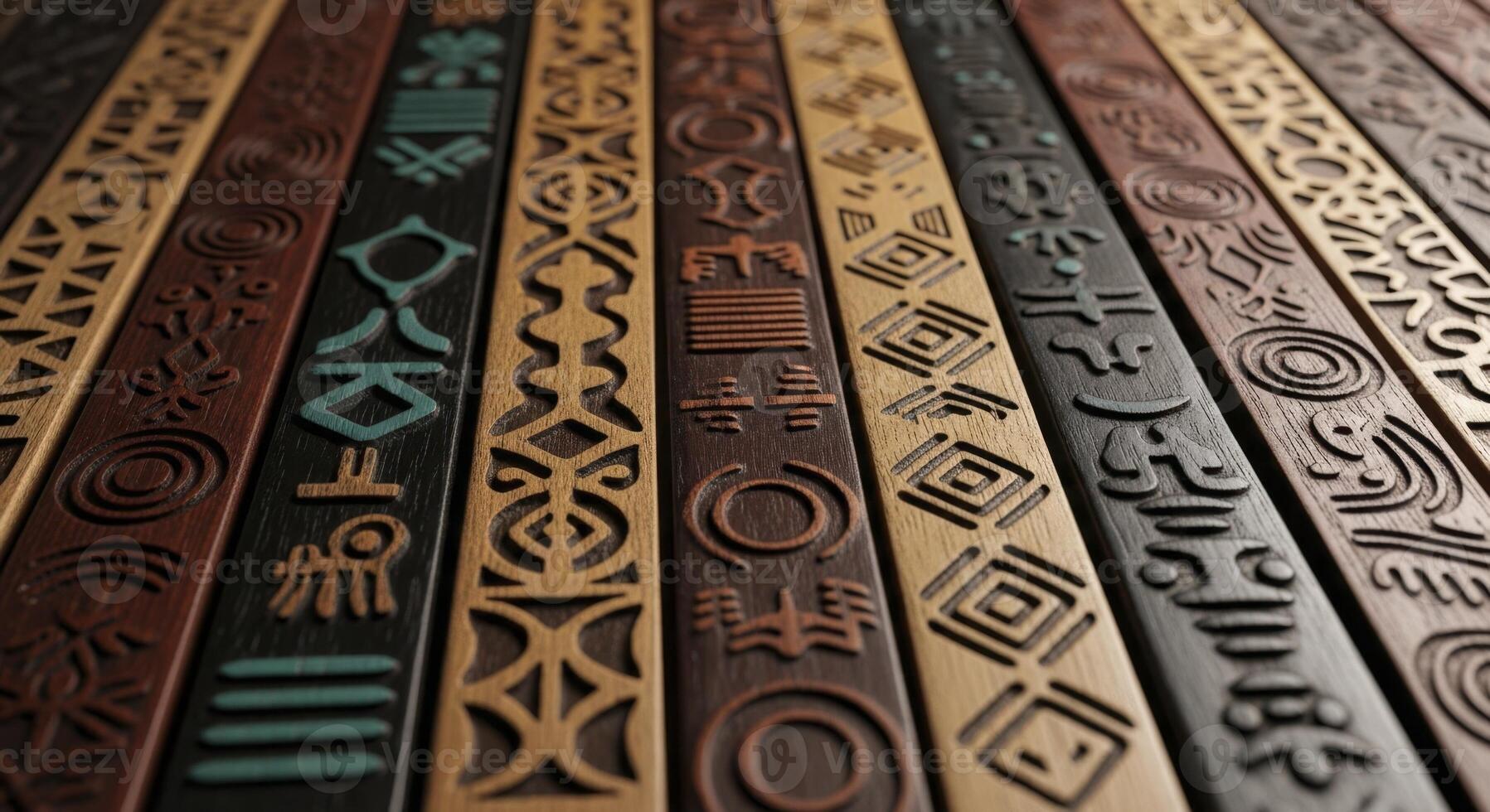 Close up of intricately carved wooden panels with diverse tribal patterns photo