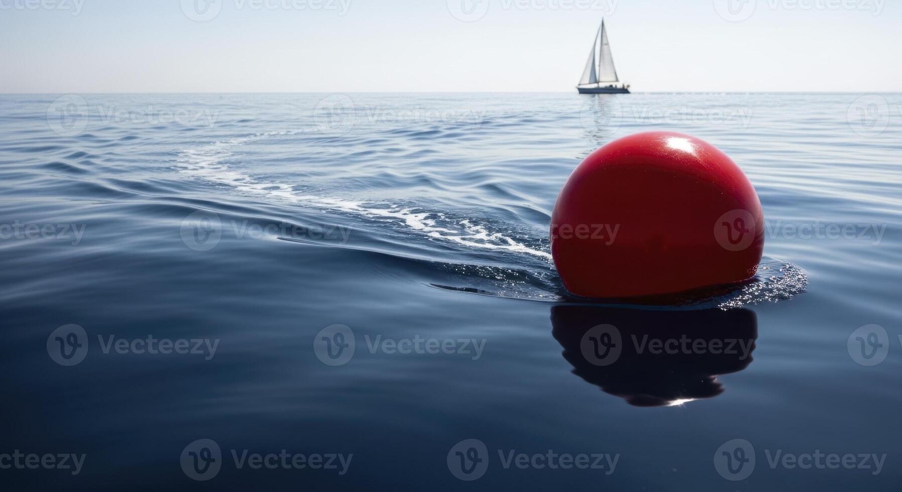 Vibrant red buoy floating on calm blue ocean water with sailboat in the distance photo