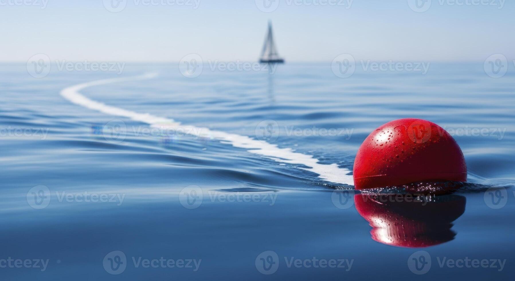 Vibrant red buoy floating on calm blue ocean water with sailboat and wake line photo